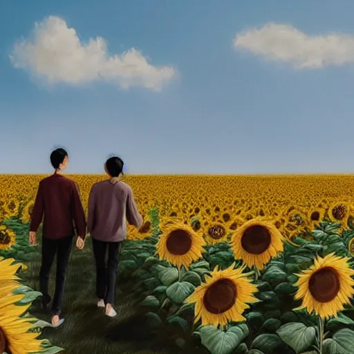Prompt: hua cheng and xie lian walking through a sunflower field, afternoon light, realistic, artstation, xie lian and hua cheng are little, the background is big