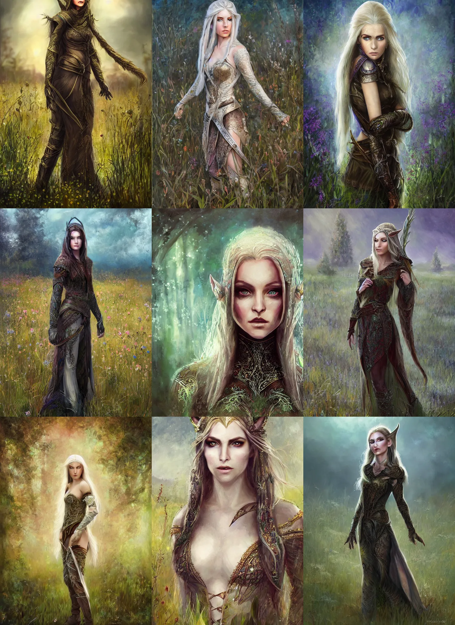 Prompt: beautiful full body concept art beautiful face and realistic eyes, elven female rogue wearing full intricate clothing standing in a field, soft focus, oil canvas painting, interesting lights
