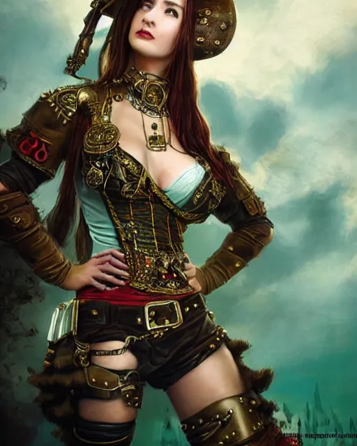 Image similar to a beautiful young female steampunk pirate wearing leather armor on gold and red trimmings on green, very cool pose, pirate ship with an epic sky background, slightly smiling Charlie Bowater Annie Leibovitz, zhuoxin ye, cinematic lighting and composition, fantasy painting, very detailed, ornate, 8k trending on artstation and pinterest, deviantart, google images