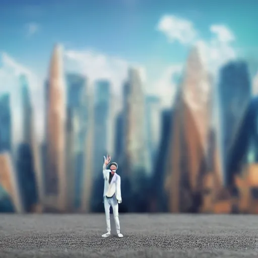 Image similar to futuristic world, highly detaield, man waving goodbye to group of people, ((cryptocurrency in background))