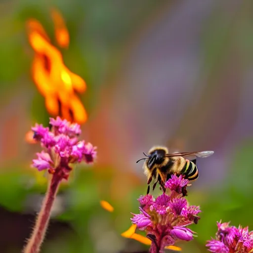 Image similar to a bee trying to reach a flower in a forest on fire, there is fire everywhere, macro photography, ambient light