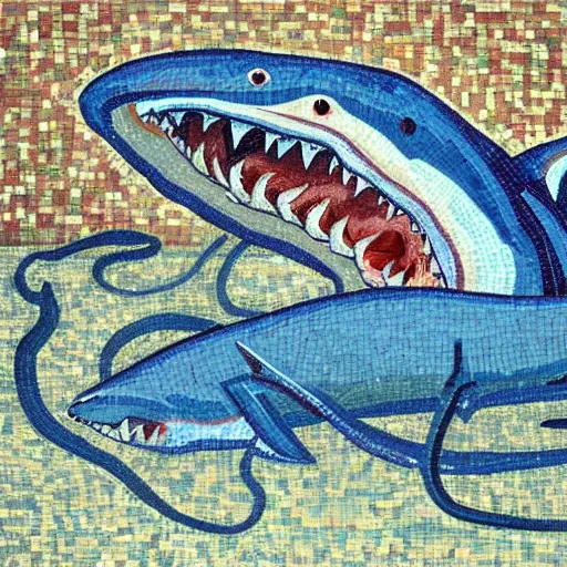 Image similar to impressionist mosaic of shark eating squid