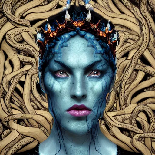 Image similar to dramatic portrait of the dark queen of snakes wearing a crown of snakes, blue skin, realism, dark fantasy illustration, surrounded by vines in a dead forest, dynamic lighting, octane render, artstation