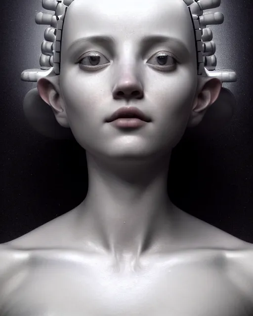 Image similar to dreamy, monochrome, subsurface scattering, white, young beautiful goddess - robot in cosmos, octane render, dino valls, mark ryden, joe fenton, michal karcz, highly detailed, rim light, art, cinematic lighting, very coherent, hyper realism, 8 k