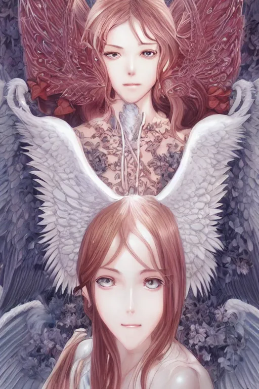 Image similar to Portrait of beautiful anime maiden with angelic wings, intricate, elegant, highly detailed, artstation, concept art, illustration, art by Range Murata