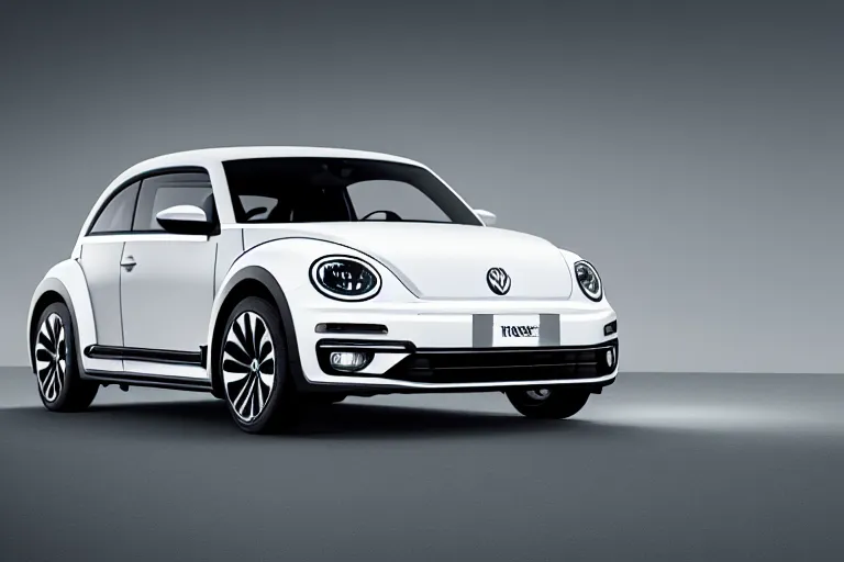 Image similar to Advertisement banner of the new electric Volkswagen Beetle 2023, with led lights, silver chrome color, minimalist lines, gullwing side doors open, wooden interior, retro futuristic style, 4k,professional photograph, award winning advertising, creative