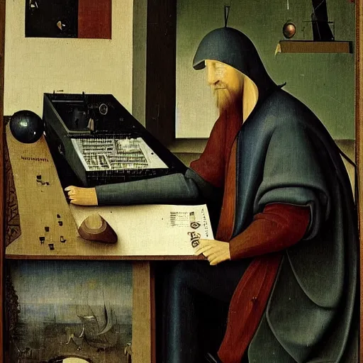 Image similar to a computer hacker working at his desk by hieronymus bosch, highly detailed, realistic