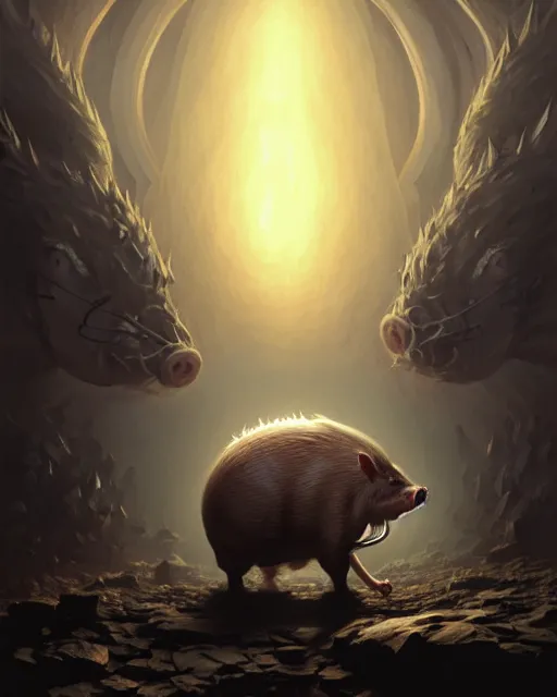 Image similar to Giant Hog scared of mouse, medium shot, fear, D&D, artstation, fantasy, magic the gathering artwork, cinematic lighting, centered, symmetrical, highly detailed, digital painting, , concept art, smooth, sharp focus, illustration, volumetric lighting, epic Composition, 8k, art by Akihiko Yoshida and Greg Rutkowski and Craig Mullins, oil painting, cgsociety