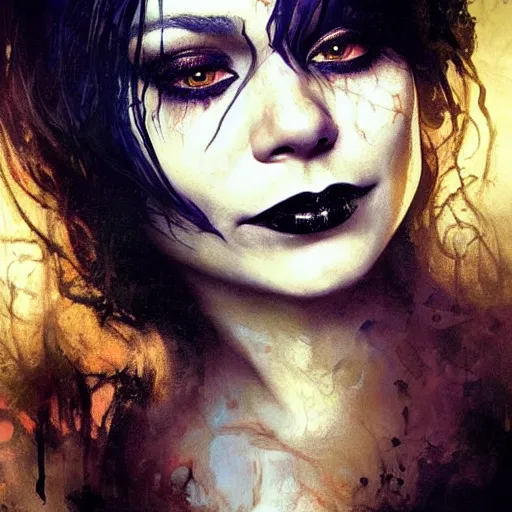 Image similar to beautiful portrait of vanessa hudgens as death from sandman, smiling, by cedric peyravernay, alphonse mucha, by jeremy mann, by lecouffe deharme, goth chic, soft lightning, eyeliner, punk rock, high detailed, 8 k