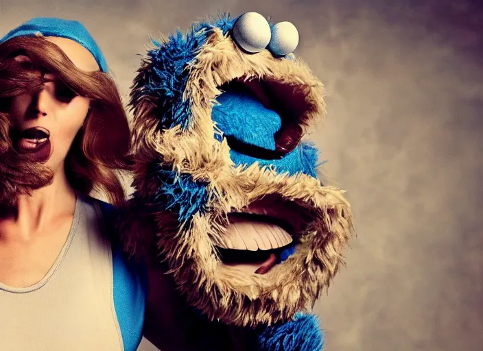 Image similar to dramatic Annie Leibovitz-style photo portrait of Cookie Monster H 704