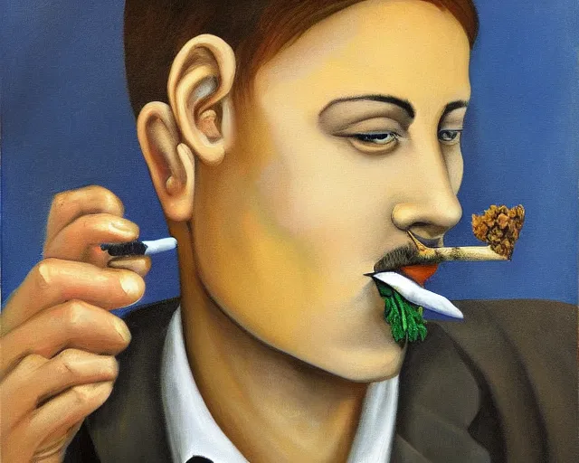 Image similar to a surreal painting of a young man with a horseshoe mustache smoking a joint