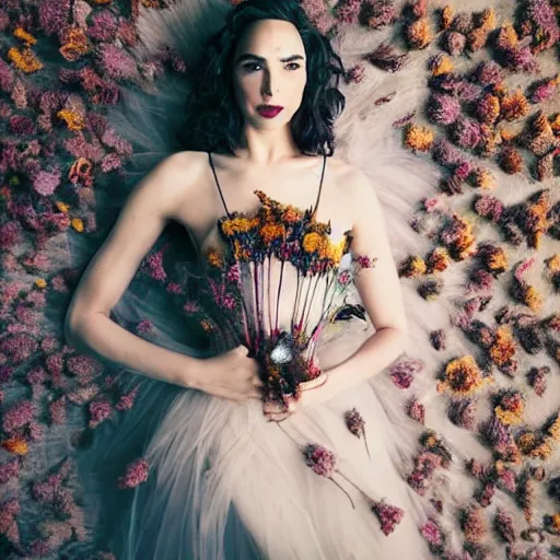 Image similar to full body fine art photo of the beauty gal gadot, she has a crown and a dress made of dried flowers done by oleg oprisco