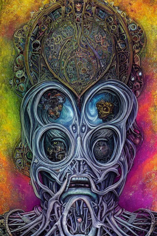 Prompt: Elden Ring and Psytrance DMT entity themed painting of majestic chromatic biomechanical anatomical neutral human ceremonial mask closeup face, golden ratio concept, Neo-Gothic concept, infinity glyph waves, intricate artwork masterpiece, very coherent artwork, cinematic, full frontal facial features by Artgerm, art by H.R. Giger, Joseph Michael Linsner, Alex Grey, Johnatan Wayshak, Moebius, Ayami Kojima, very anatomically coherent artwork, trending on cgsociety, ultra high quality model, production quality cinema model, high detail chromatic ink outline, octane render, unreal engine 8k, hyper realism, high detail, octane render, unreal engine, 8k, High contrast