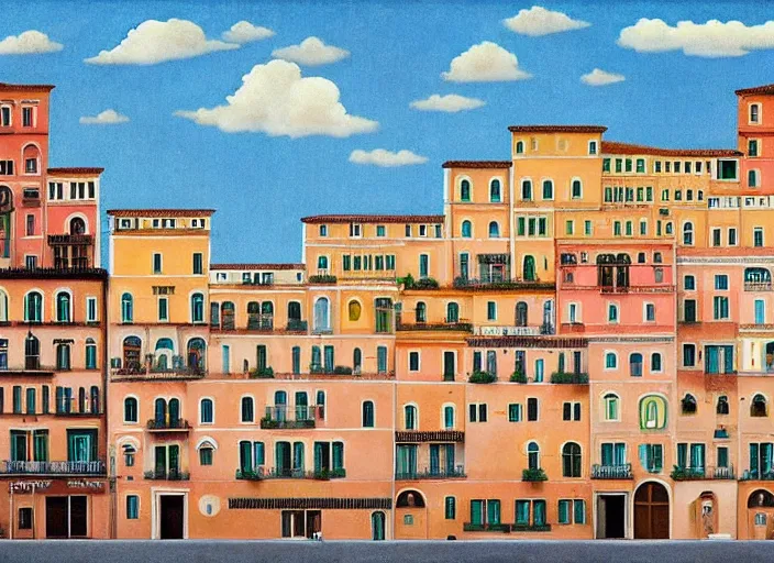 Image similar to symmetry!! italian city, a beautiful painting representative of the art style of wes anderson and spike jonze