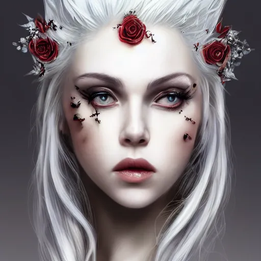 Prompt: side portrait of beautiful vampire, rose thorn crown, thorns everywhere, headshot, pale skin, 4k, bright white hair rule of thirds, extreme detail, detailed drawing, trending artstation, hd, fantasy, D&D, realistic lighting, by Artgerm, Thomas Kindkade, sharp focus, backlit, elegant