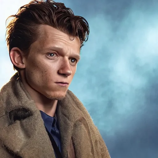 Image similar to tom holland as a rough dirty old man with a scruffy beard in a dark blue trenchcoat as the new doctor who, cinematic, volumetric lighting, f 8 aperture, cinematic eastman 5 3 8 4 film, photorealistic