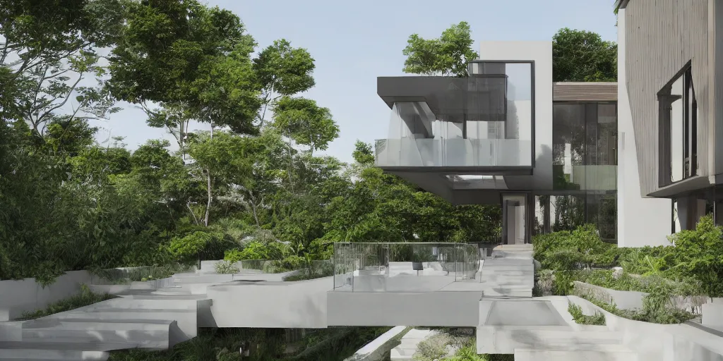 Prompt: 3d exterior rendering of beautiful nature meets architecture concept of a residential house by Kengo Kuma, volumetric lighting, luxury, high detail, 14mm, glass railing, outdoor staircase, terraces, roof garden, cinematic photography, cg architects, high resolution