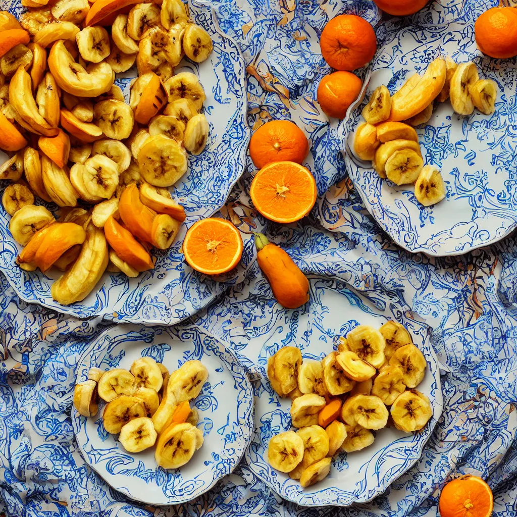 Image similar to roasted bananas peals with cut orange slices, in designer plate with flowery pattern art nouveau embroidered, closeup, hyper real, food photography, high quality