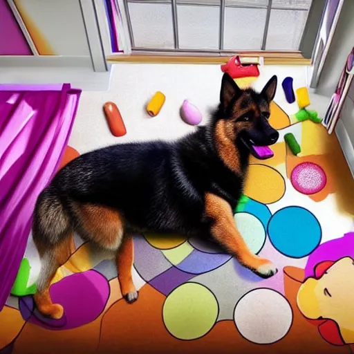 Image similar to eye - level view, in a child's bedroom filled with toys, a super cute gsd runs around in circles on an unmade bed. a colorful comforter is on the bed. hilarious, funny, back to school comedy, cg animation, 3 d octane render, imax 7 0 mm,