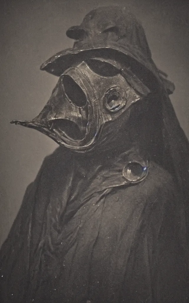 Image similar to portrait of an undead mutant plague doctor, daguerreotype, studio lighting, hyperrealistic, ultra detailed