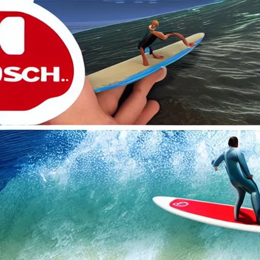 Image similar to 3 d render of nintendo switch as a human, surfboarding waves