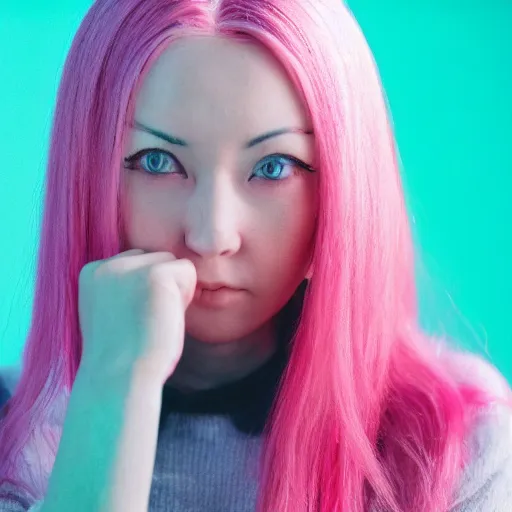 Prompt: pink haired anime woman in her 3 0 s looking at the camera with her arms crossed, motion blur, holographic,