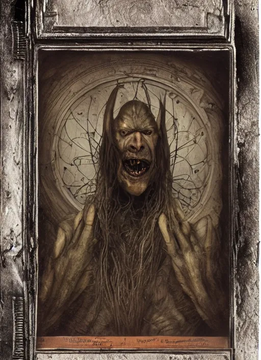 Prompt: cabinet card of russian prime minister by seb mckinnon and brian froud and bezinski and giger, henson creature workshop, realistic materials, creepy, textures, dark horror, photo realistic, photoreal, detailed, nightmare, sharp focus, 8 k, 4 k