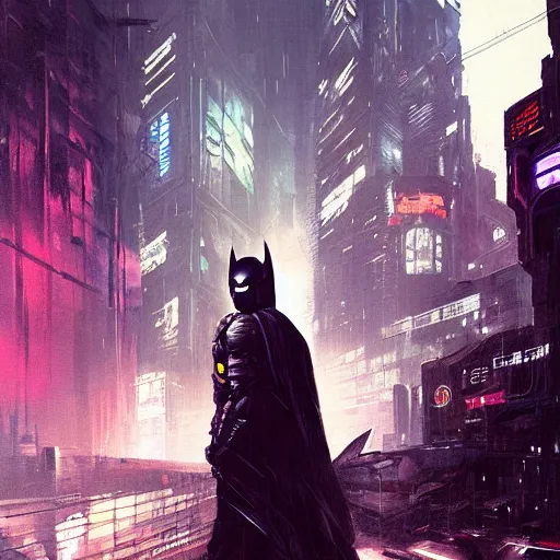 Image similar to cyberpunk batman with fullface mask, wide shot, moody, futuristic, city background, brush strokes, oil painting, greg rutkowski