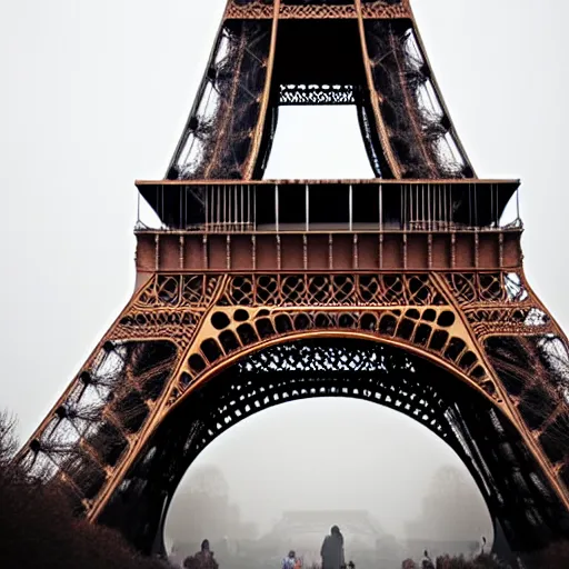 Prompt: a huge figure dehind the Eiffel tower, taken fron the ground, foggy weather, scary, dark, High resolution, creepy