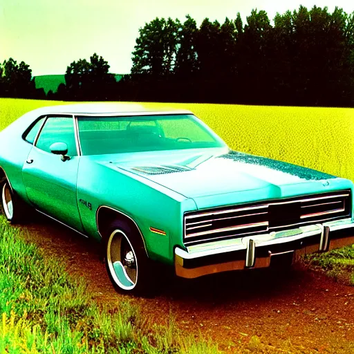 Image similar to A photograph of a rusty!!!!!!!!!!!! Powder Blue Dodge Aspen (1976) in a farm field, photo taken in 1989