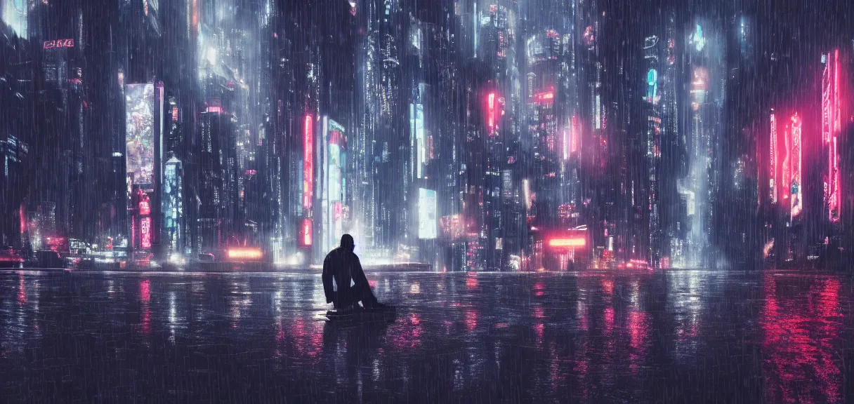 Image similar to shot of the roof with single man sitting on the edge during rain, below impressive cyberpunk night city during great rainy storm with lightning, nightscape, futuristic architecture, realistic photo, neons, blade runner, akira style, cinematic lighting, cinematic angles