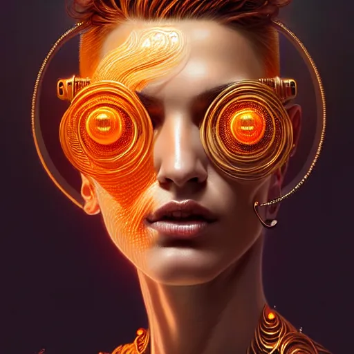 Image similar to woman with extremely large and intricate haircut with angry orange eyes and slim features looking askance, eye cyberpunk bionics, retro futurist style, intricate, elegant gleaming intricate baroque jewelry, angelic halo, highly detailed, digital painting, artstation, concept art, smooth, sharp focus, illustration, art by wlop, mars ravelo and greg rutkowski,