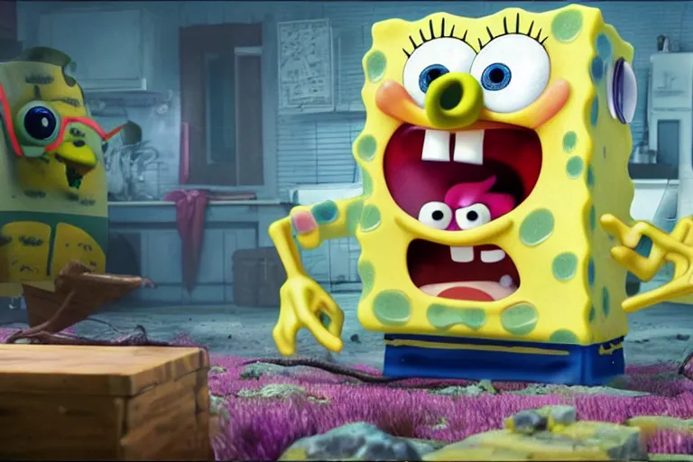 Prompt: an unreal render of a horror version of spongebob, 8 k, hyperreal, photorealism