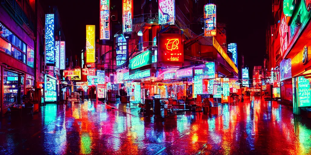 A rainy street lit up by neon signs in the city | Stable Diffusion