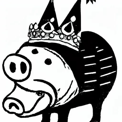 Prompt: walking pig wearing crown vector comic book art black and white 30mm