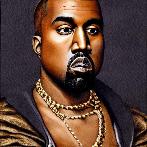 Prompt: Kanye West drawn in the style of a 16th century monarch, portrait, painting.