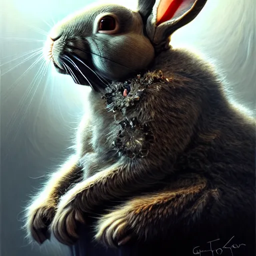 Prompt: low angle shot of a sad rabbit by guillermo del toro, intricate, elegant, highly detailed, centered, digital painting, artstation, concept art, smooth, sharp focus, illustration, artgerm, Tomasz Alen Kopera, Peter Mohrbacher donato giancola, Joseph Christian Leyendecker, WLOP, Boris Vallejo