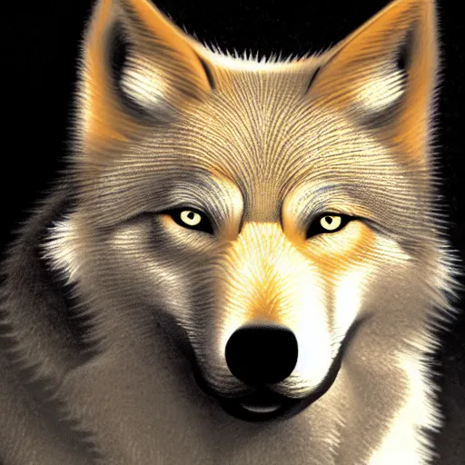 Image similar to golden wolf with glowing purple eyes