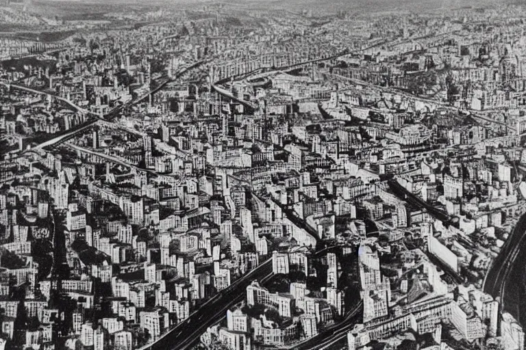 Image similar to bird's eye view photograph of a Soviet city, colorized