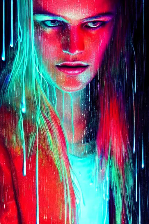 Image similar to portrait of a woman in the glowing neon rain with wet hair and face, rain drops, fantasy, intricate, elegant, dramatic lighting, highly detailed, lifelike, photorealistic, digital painting, artstation, concept art, smooth, sharp focus, illustration, art by John Collier and Albert Aublet and Krenz Cushart and Artem Demura and Alphonse Mucha