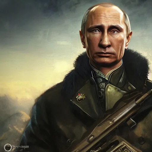 Image similar to Vladimir Putin as General Sebastiano Di Ravello from Just Cause 2 game, portrait, highly detailed, digital painting, artstation, concept art, smooth, sharp focus, illustration, cinematic lighting, art by artgerm and greg rutkowski and alphonse mucha