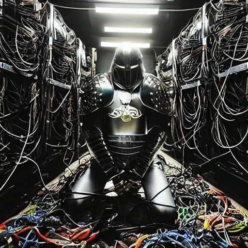 Image similar to “a photo of a kneeling knight wrapped in cables and chains in front of a glowing computer screen. The knight is in the center of a dark filthy dirty room filled with server racks and server cables hanging everywhere. The ground of the room is littered and covered with garbage and trash everywhere. It is dark and there are no lights. Cursed image. Nikon coolpix.”