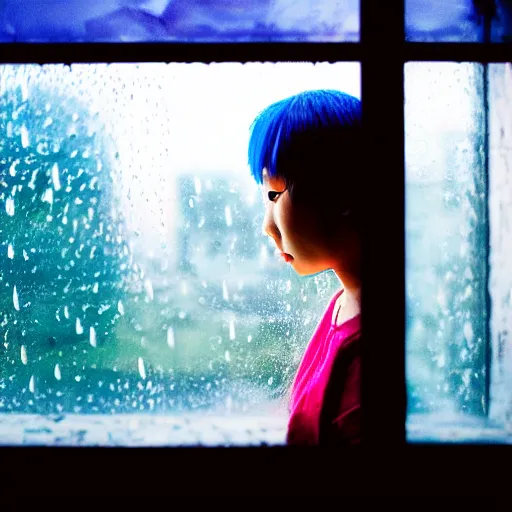 Prompt: 50mm photo of a shadowy beautiful asian girl with blue hair and elf ears, moody, Inside of a round rainy train window looking out on to a city with neon lights