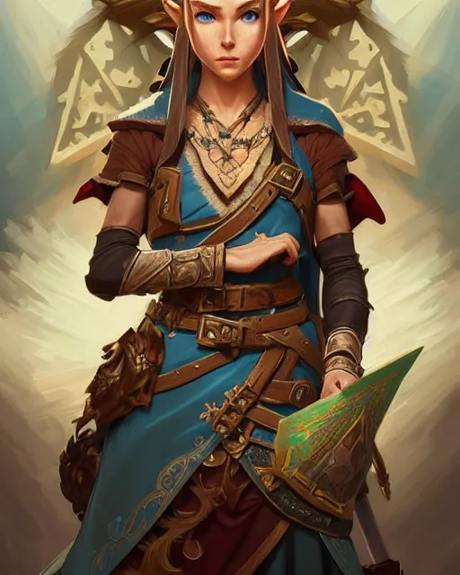 Image similar to legend of Zelda, D&D, fantasy, intricate, elegant, highly detailed, digital painting, artstation, concept art, matte, sharp focus, illustration, hearthstone, art by Artgerm and Greg Rutkowski and Alphonse Mucha