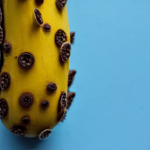 Prompt: a mutated banana with holes in it, there are spiders crawling out of the holes, close up shot.