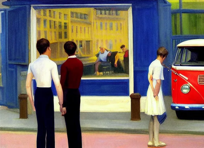 Prompt: painting, two young men and women near blue vw bus on paris street, by edward hopper, bernardo bertolucci dreamers movie scene