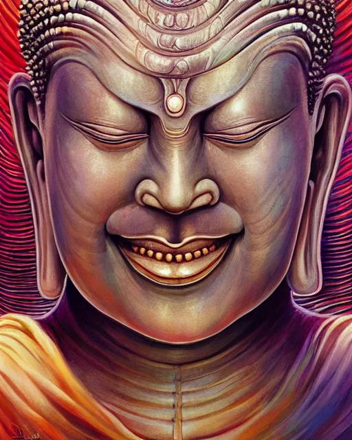 Image similar to buddha smiling, by antonio j. manzanedo, giger, alex grey, android jones, wayne barlowe, philippe druillet, raymond swanland, cyril rolando, josephine wall, harumi hironaka, trending on artstation