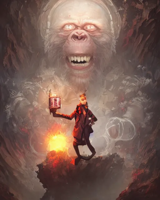 Image similar to Monkey Mad Scientist, laughing, D&D, artstation, fantasy, magic the gathering artwork, cinematic lighting, centered, symmetrical, highly detailed, digital painting, , concept art, smooth, sharp focus, illustration, volumetric lighting, epic Composition, 8k, art by Akihiko Yoshida and Greg Rutkowski and Craig Mullins, oil painting, cgsociety