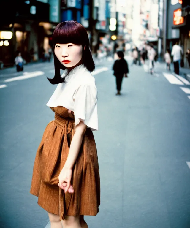 Image similar to a portrait street photograph shot on cinestill 5 0 d of a japanese woman in 9 0 s fashion with modest make up, hair died to a hazelnut brown, shot in shibuya tokyo on a 3 5 mm at f / 2. 8 and 1 / 1 2 0 0 shutter speed, print magazine quality, nostalgia, 8 k