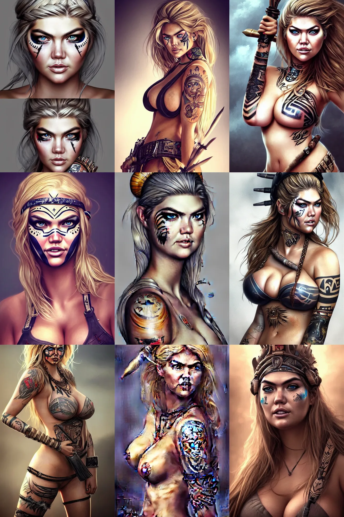 Prompt: gorgeous!! hyper - realistic woman resembling kate upton as a post - apocalyptic warrior girl with tattoos & tribal face paint | drawn by wlop, drawn by jeehyung lee, drawn by artgerm